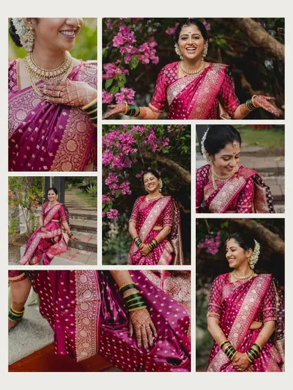 A collage of a Maharashtrian bride in a magenta paithani saree, showcasing her joyful expressions and traditional look from various angles.