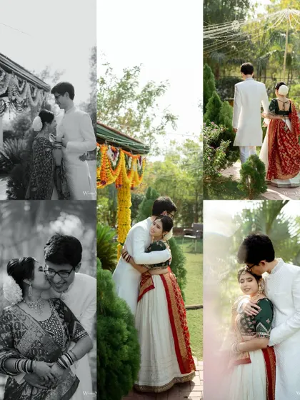 A vertical collage capturing the couple's romantic moments in a garden. It showcases their loving interactions from different perspectives.