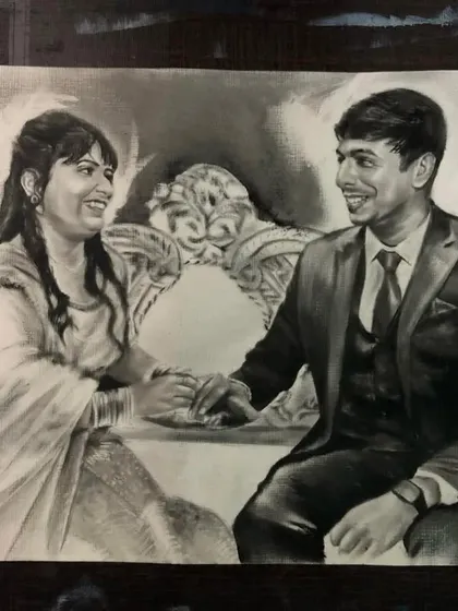 A dry brush portrait capturing a candid, happy moment between a couple. The technique allows for soft shading and realistic textures, even in monochrome.