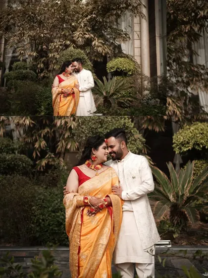 A romantic portrait of the couple in a garden, their matching Haldi outfits glowing in the soft light.