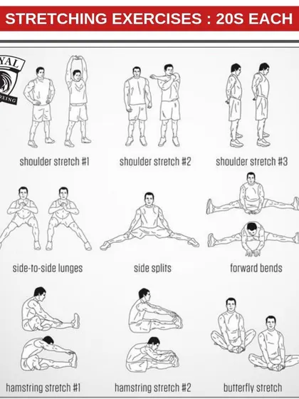 This chart details key stretching exercises for any combat athlete. Proper flexibility in the shoulders, hips, and hamstrings is essential for executing techniques correctly and preventing injuries.
