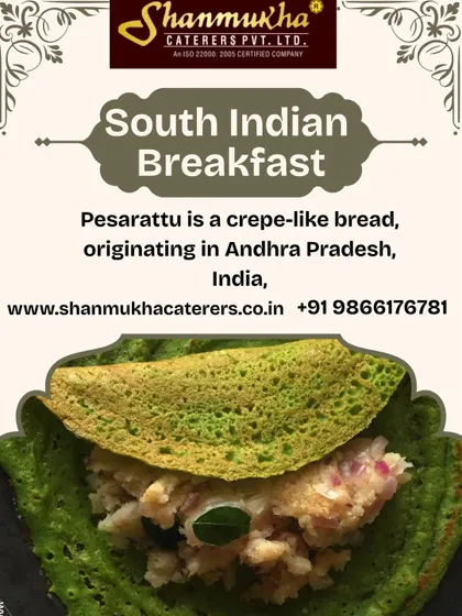 Pesarattu, a crepe-like bread from Andhra Pradesh, is one of our specialty breakfast items. It's made from green gram and served with a tasty filling.