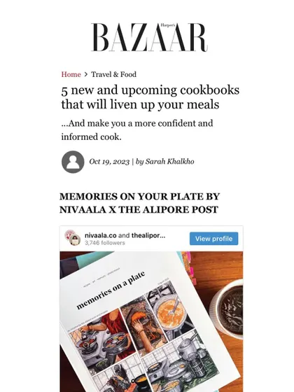 The Harper's Bazaar feature, highlighting 'Memories on Your Plate' as a new and upcoming cookbook.