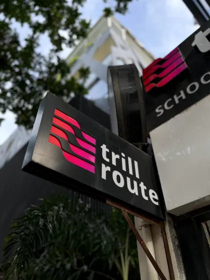 A low-angle shot of our building and sign, a beacon for music lovers in Indiranagar.