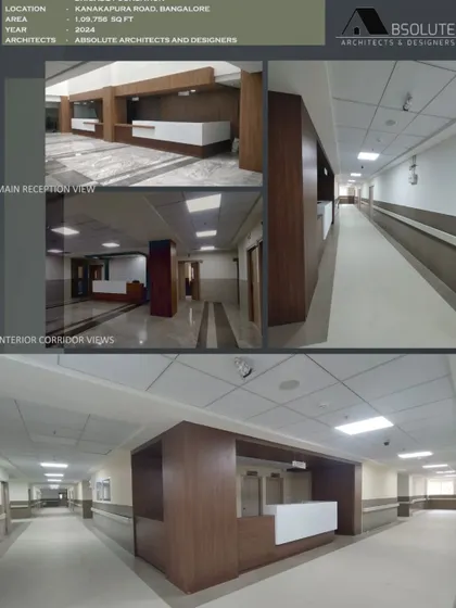 The interiors of the St. John's Hospital were designed for clarity and calm. This collage shows the main reception and interior corridors, where I used a simple palette of wood and neutral tones to create a welcoming and easy-to-navigate environment for patients and staff.