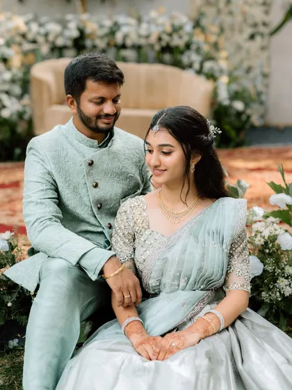 A beautiful shot of Shreeja and her partner. This soft, romantic look is perfect for a pre-wedding photoshoot or a guest look.