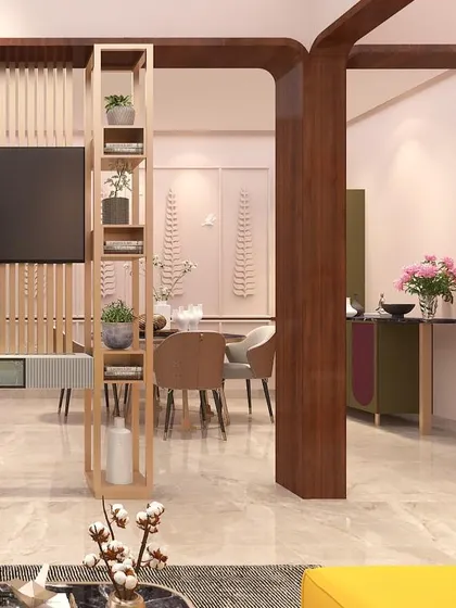 A view from another angle, showing how the wooden partition artfully separates the living and dining areas while maintaining an open, connected feel.