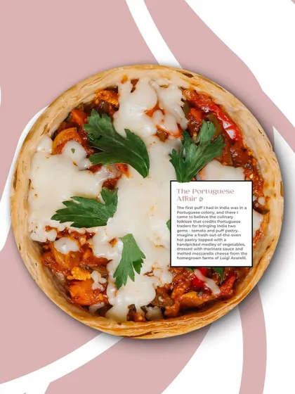 The Portuguese Affair Puffizza, a nod to the culinary history that brought tomatoes and puff pastry to India.