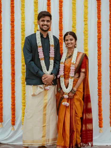 A lovely couple on their engagement day. I provided a natural and fresh makeup look for the bride that complemented her traditional South Indian attire and the daytime ceremony.