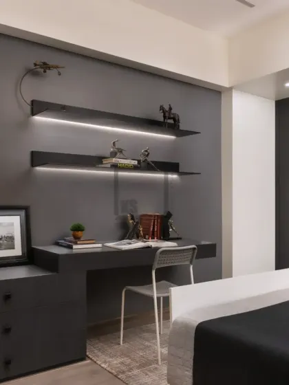 Another perspective of the home office area, showing how it fits neatly into a corner of the bedroom. The minimalist design ensures that the workspace feels like a natural part of the room's overall decor.