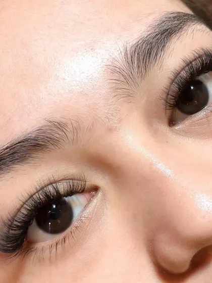 A close-up of a dense Volume set. You can see how the handmade fans create a full, dark lash line that makes the eyes pop.