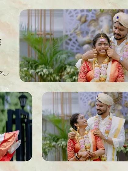 This collage captures the playful and tender moments of a Telugu wedding. The groom teasingly pinching the bride's cheeks and their shared smiles show the fun and love of the day.