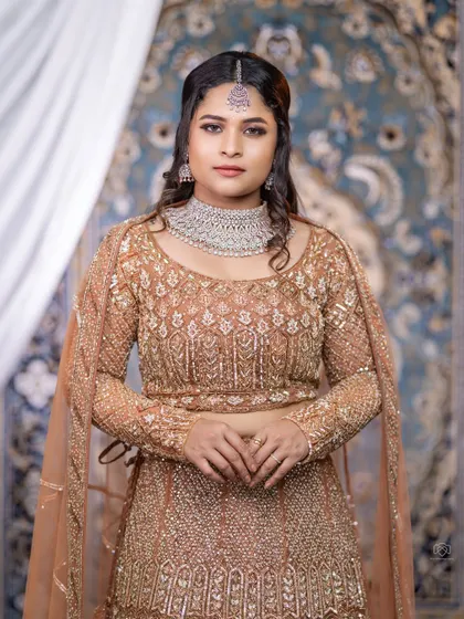 A beautiful model wearing a CZ choker set that perfectly complements her embellished gown. This is a great option for a glamorous evening event.