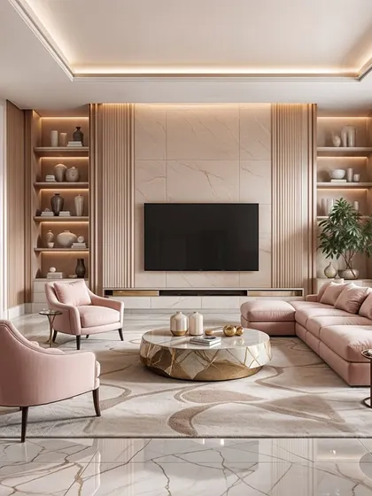 This living room balances pink furniture with neutral marble floors and walls. The backlit shelves and geometric coffee table add a modern, luxurious touch.
