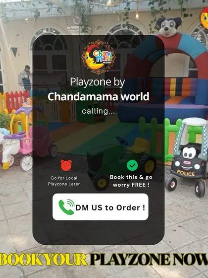 Playzone by Chandamama World is calling. This graphic, designed to look like a phone call, is a direct invitation to book your worry-free playzone. It features a great outdoor setup with ride-on cars.