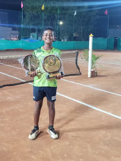 Krish Yadlapalli after a successful U16 state championship, winning the doubles title and finishing as the singles runner-up.