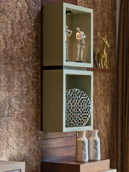 A close-up of our interior styling for a residential project. Every decorative object is carefully selected and placed to create small, artistic vignettes that contribute to the overall harmony and character of the home.