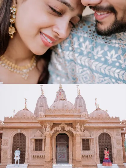 A creative composition combining an intimate portrait with a grand architectural shot of the temple.