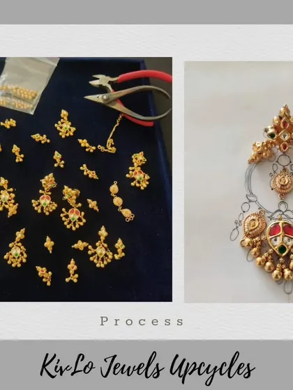 Another view of the upcycling process. The original gold components are laid out next to a sketch of the new earring design, showing how we plan the reconstruction.