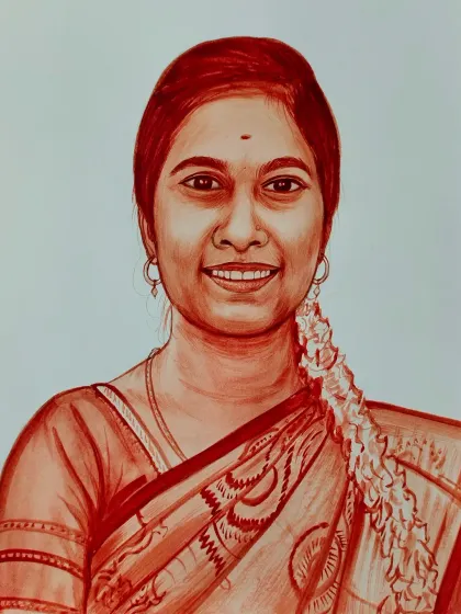 A custom blood portrait of a woman wearing a sari with jasmine flowers in her hair. The painting captures a gentle and warm expression.