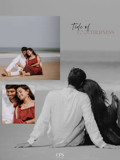 A collage that focuses on the quiet, intimate moments of a beach shoot, with a mix of close-ups and wider shots.
