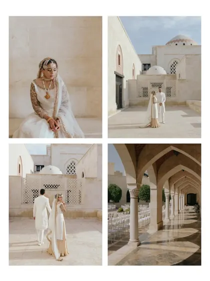 A collage of artistic black and white portraits of the couple at the Ismaili Centre in Dubai. The modern architecture and clean lines are perfect for a monochrome study.
