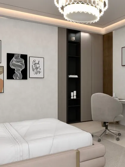 Another view of the minimalist room, showing the integrated floor-to-ceiling wardrobe with a contrasting open-shelf niche. This design provides ample storage while breaking up the solid plane of the cabinet doors, adding visual interest and a place for display.