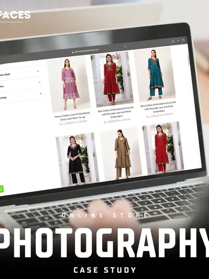 A clean e-commerce layout for ethnic kurtas is displayed on the laptop, demonstrating our ability to create uniform, professional listings.