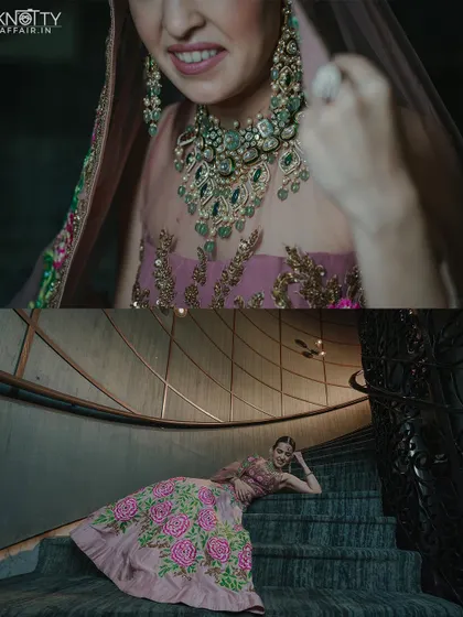A mix of playful and poised bridal portraits on a staircase, capturing the bride's personality and the intricate details of her jewelry.
