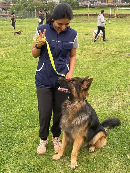 A proud handler with her beautifully trained German Shepherd.