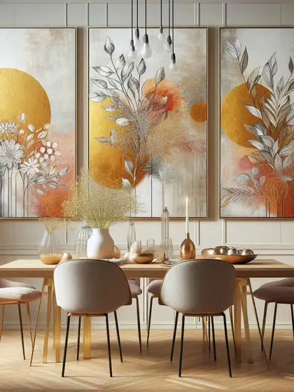 A set of three floral paintings designed to bring elegance and warmth to a dining area. We can create custom triptychs in various styles and color palettes, like these modern botanicals with gold accents, to perfectly suit your space.