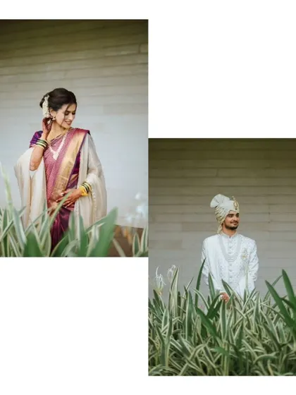 Individual portraits of the bride and groom set against a modern backdrop with greenery.
