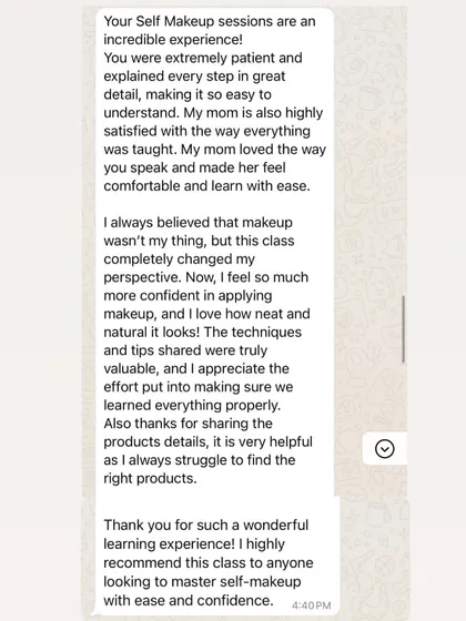 This review from a daughter who took the class with her mom is so heartwarming. She says the class completely changed her perspective that makeup was difficult and now feels confident.