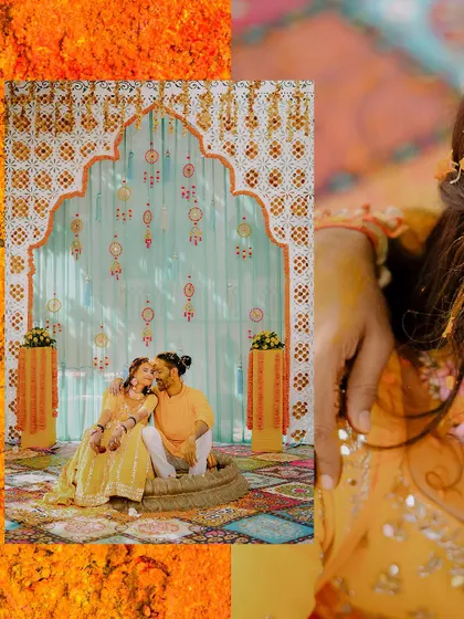 A sweet moment of the couple together against their beautiful haldi decor.