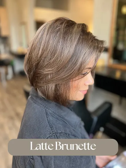 This Latte Brunette is a beautiful example of a soft, lightened look on a bob. The cool tones are sophisticated and chic.