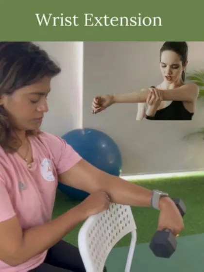 This image shows a wrist extension exercise using a light dumbbell. This is one of five exercises we recommend for reducing elbow and wrist pain that can occur from holding and feeding your baby.