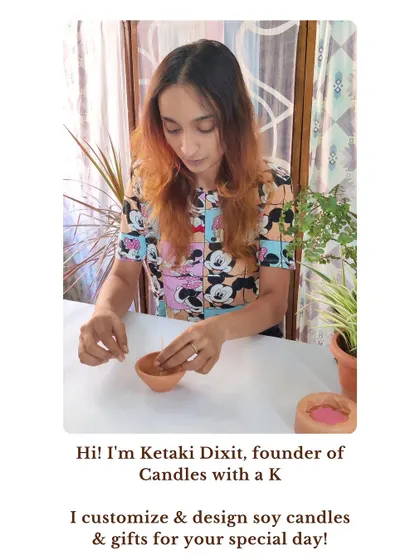 A photo of me, Ketki, in my element. I love to personally design and customize soy candles and gifts for your special day.