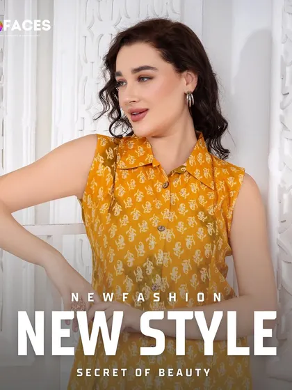 The same model in a yellow version of the printed top, showing color variations for an e-commerce listing.