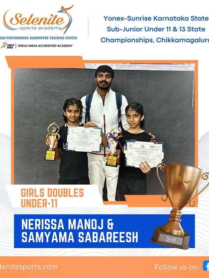 Nerissa Manoj & Samyama Sabareesh with their coach after winning Bronze in Girls Doubles Under-11 at the Karnataka State Championships in Chikkamagaluru.
