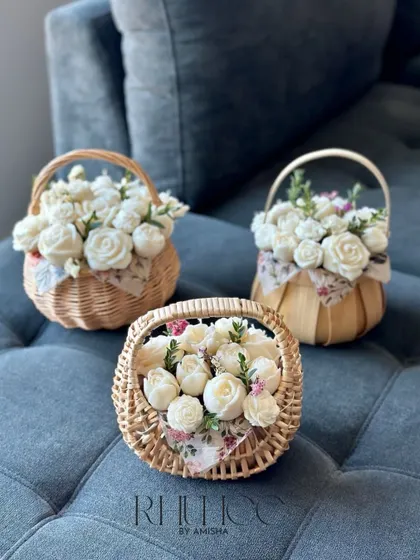 My flower bouquet baskets are a perfect, everlasting gift. They are filled with beautiful wax flowers and can be paired with other candles for a lovely touch.