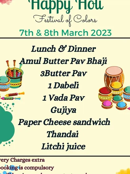 This is another version of my Holi special menu, highlighting popular party snacks. You can order items like Pav Bhaji, Dabeli, and Vada Pav to make your festival gathering easy and delicious.