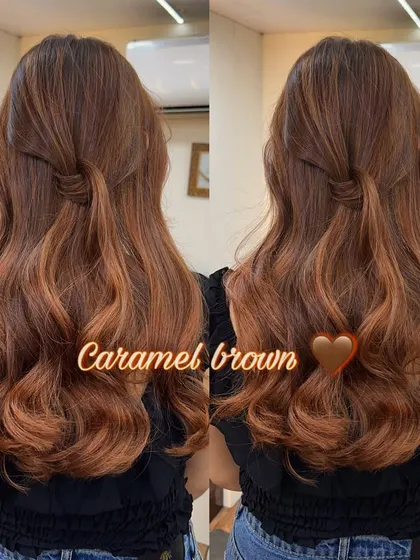 A gorgeous caramel brown global color, styled with a simple twist to show off the warm tones.