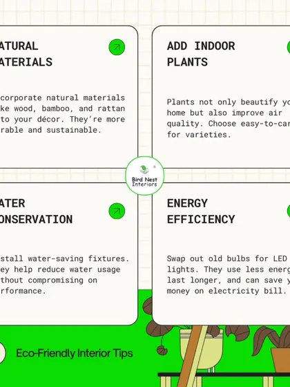 Interested in eco-friendly interiors? This tip sheet offers ideas like using natural materials, adding indoor plants, conserving water with efficient fixtures, and using energy-saving LED lights.