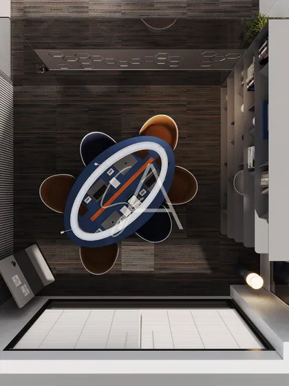 A top-down view of the meeting room layout. This perspective showcases the oval conference table, the arrangement of chairs, and how the space is designed for easy circulation and interaction.