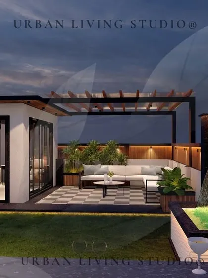 This render showcases a modern water feature next to the lounge area, adding the soothing sound of water to the terrace environment.