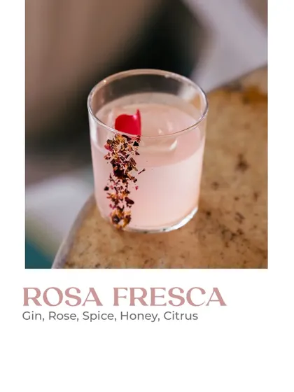 The Rosa Fresca is a blend of gin, rose, spice, honey, and citrus. It's one of the stars of my Amore Floreale collection, where I challenged my bar team to concoct drinks as intoxicating and enchanting as the flowers that inspire them.