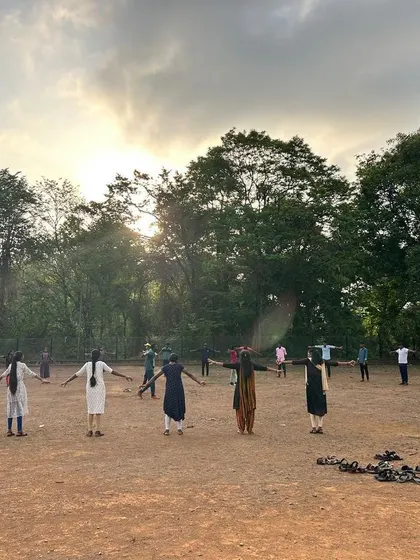 Participants at our Dandeli camp begin their day with morning exercises, a routine that builds discipline and prepares them for adventure.