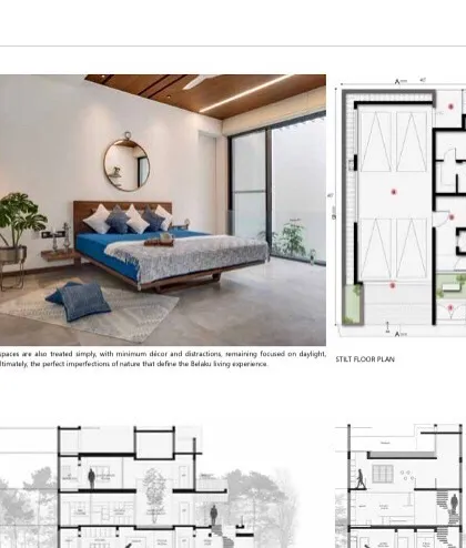 A look at the minimalist bedroom design and floor plan of 'Belaku' from a publication feature.