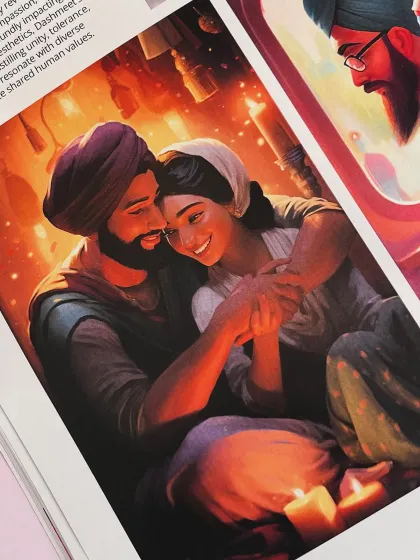 A close-up of one of my illustrations featured in the Creative Gaga magazine article. The piece depicts a Sikh couple sharing a warm, candlelit moment.