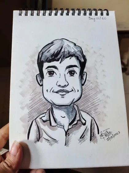 Another view of the caricature with dimples, showing the shading and line work.